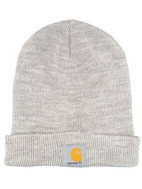 Carhartt Acrylic Knit Beanie Tan Beige Gray Unisex Hat Cuffed Logo Stocking Cap